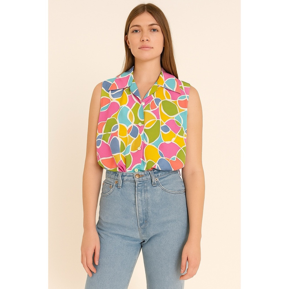 Kikit | Neon VTG Silky Lightweight Cropped Button Up Sleeveless Shirt Tank Top